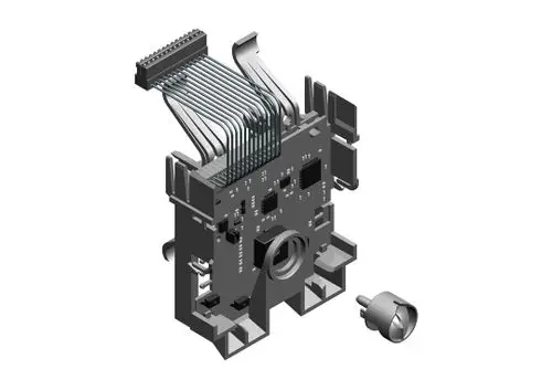 Bosch Steuerungsmodul mit Leiterplattenanschlüssen und flexiblen Leitungen, abgebildet in einer dreidimensionalen Ansicht.
